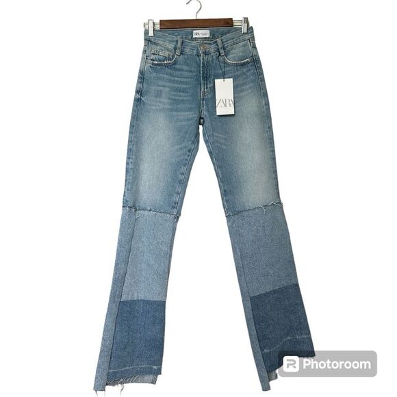 NWT‎ Zara Jeans Womens 0 Patchwork Raw Hem Denim Bohemian Style #6688010 - Picture 1 of 5